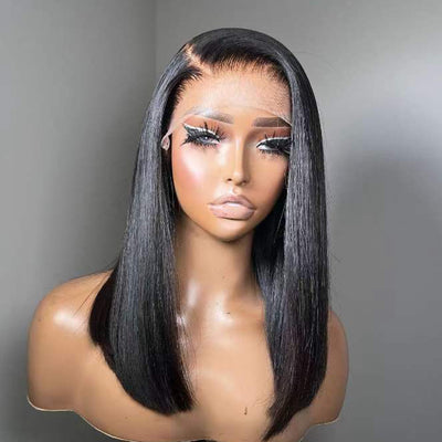 14-Inch 200 Density Pre-Plucked Natural Black Human Hair Wig with 13x4 Swiss Lace