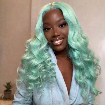 Mint Green T-Shaped Transparent Lace Front Wig | Hand-Woven & Machine Processed for Ladies