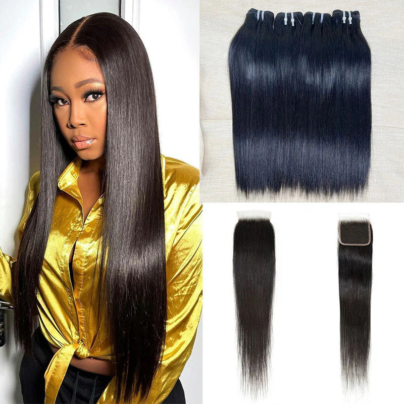 Hair Silky Straight Hair 3 Bundles With 4x4 Lace Closure Human Hair Bundles