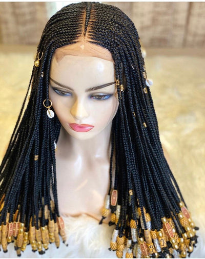 Long Box Braid Wig with Beads and Cowries – Full Closure, Bleached Lace, Secure Fit