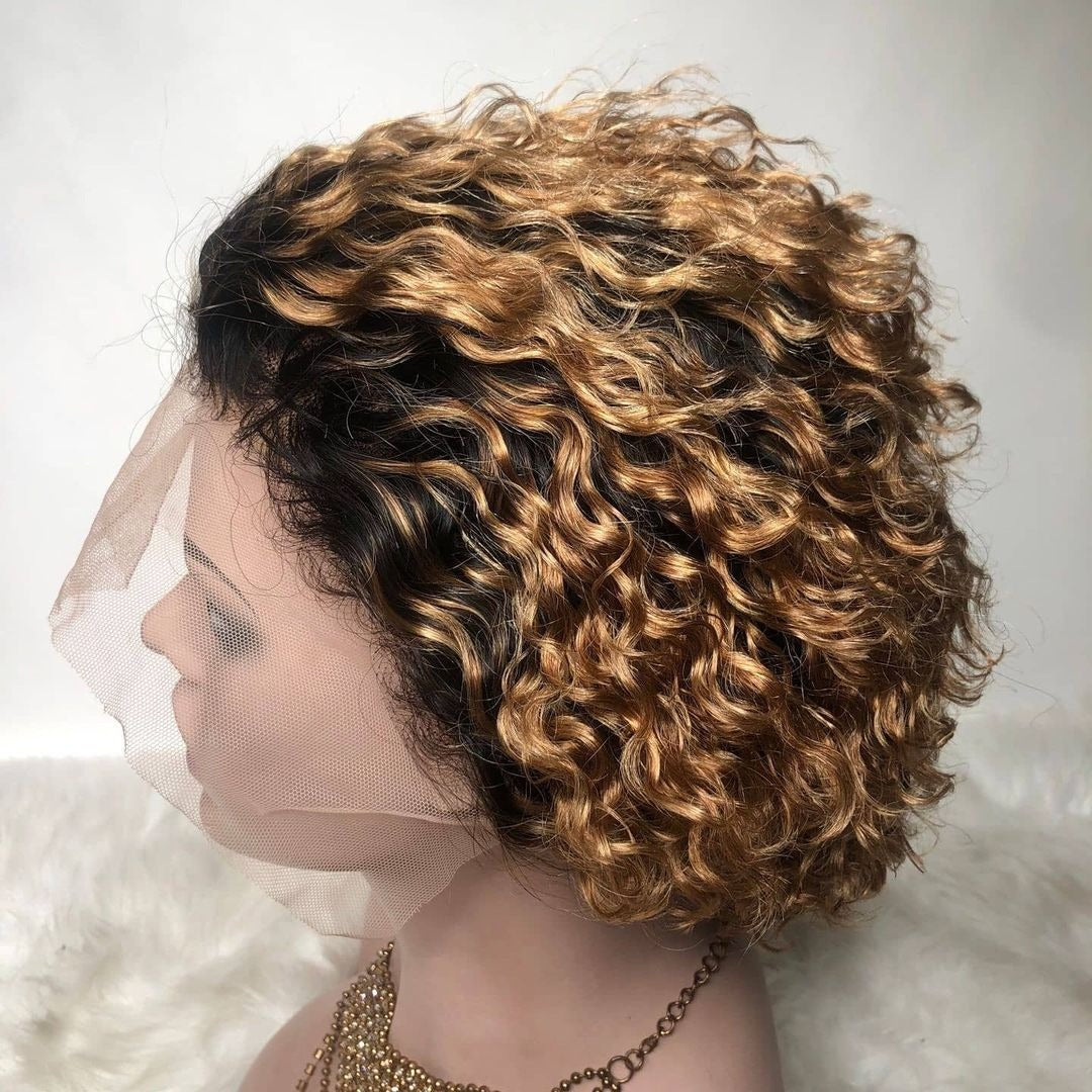Chic Ombre Curly Pixie Cut Lace Front Wig - 8 Inch Brazilian Hair