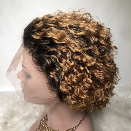 Chic Ombre Curly Pixie Cut Lace Front Wig - 8 Inch Brazilian Hair