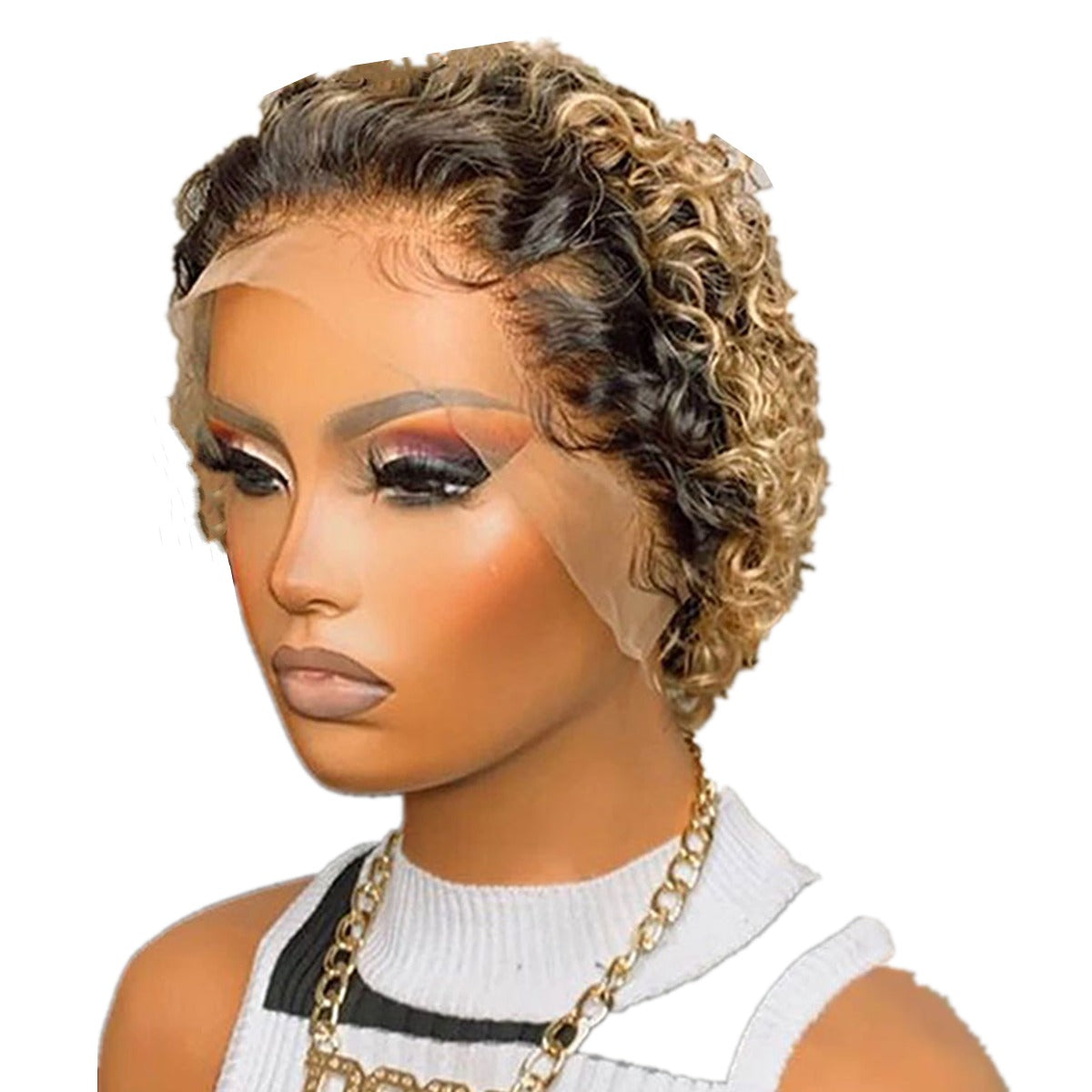 Chic Ombre Curly Pixie Cut Lace Front Wig - 8 Inch Brazilian Hair