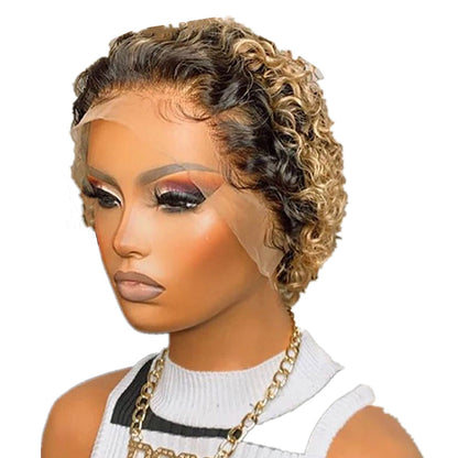 Chic Ombre Curly Pixie Cut Lace Front Wig - 8 Inch Brazilian Hair