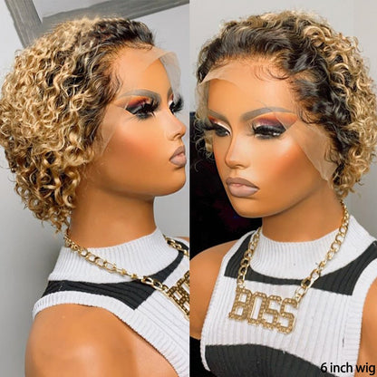 Chic Ombre Curly Pixie Cut Lace Front Wig - 8 Inch Brazilian Hair