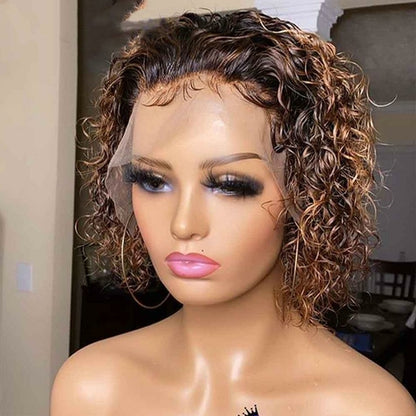 Chic Ombre Curly Pixie Cut Lace Front Wig - 8 Inch Brazilian Hair